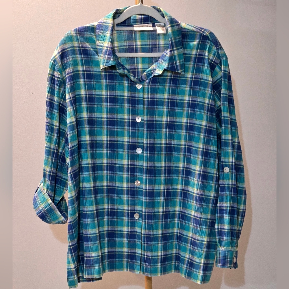 Draper's & Damon's Blue and Green Plaid Button Down Shirt